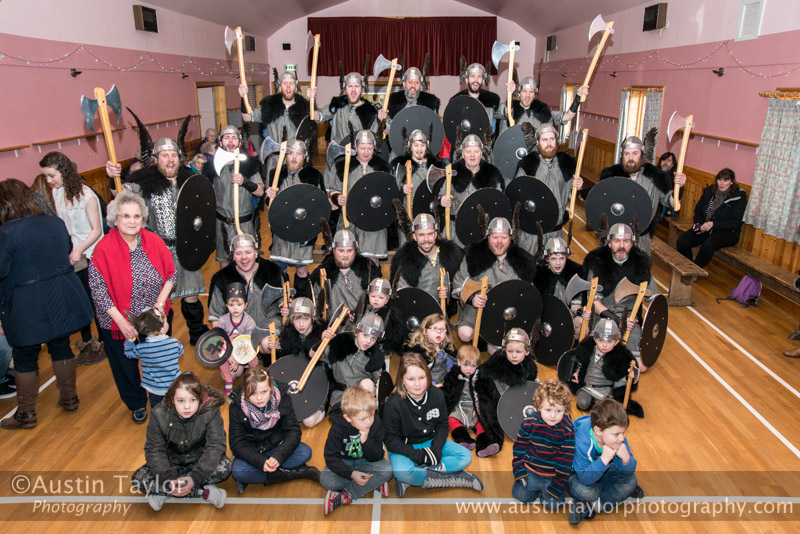 Jarl Squad with Mona Tulloch and all the children of Bressay - Guizer Jarl Squad at Bressay Hall - Bressay Up Helly-Aa 28 February 2014