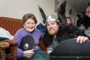 Guizer Jarl Lyle Tulloch presents Bressay's oldest resident Frances Henry (94) with a shield - Jarl Squad visits the sheltered homes at Glebe Park - Bressay Up Helly-Aa 28 February 2014