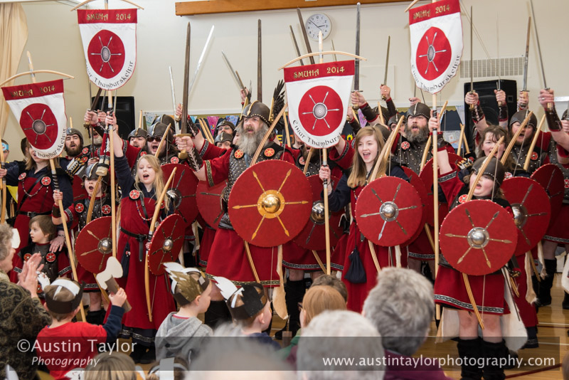 Guizer Jarl Keith Lobban and his squad at Dunrossness Primary School - South Mainland Up Helly-Aa 2014