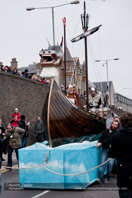 Up Helly-Aa 2011: morning procession - galley Jägare being positioned at Alexandra Wharf