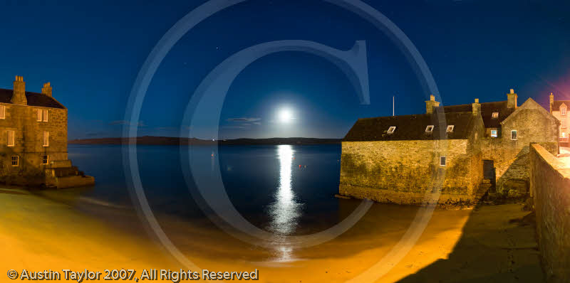 Bains Beach and buildings by moonlight, South Commercial Street, Lerwick
