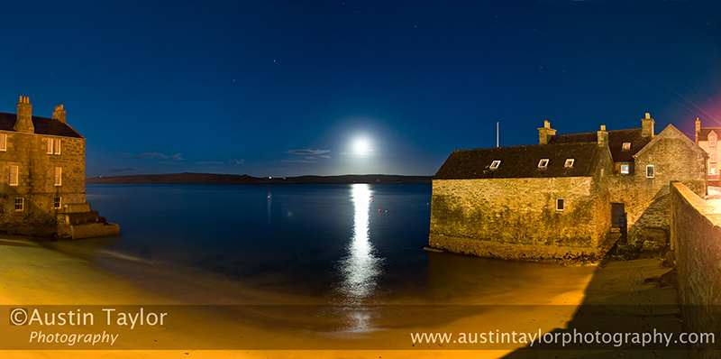 Bains Beach and buildings by moonlight, South Commercial Street, Lerwick