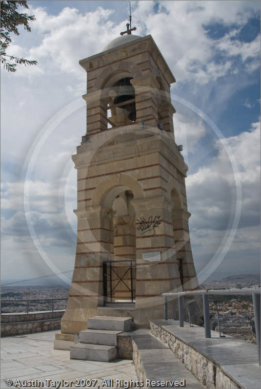 The bell tower of Agios Georgios (1800s) (Chapel of St. George) on Lykavittos Hill, Athens, Greece 22 September 2007