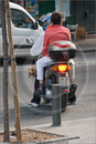Family including dog on motor scooter at Syntagma, Athens, 26 September 2007