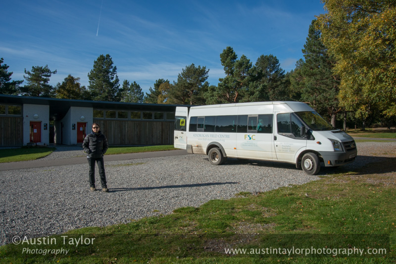Ulreke and the minibus at the Glenmore Campsite - Loch Morlich and Glenmore Forest - Day 2 Speyside 2013-10-09_16 Kindrogan - Field Studies Council Autumn Birds and Migration course at Kindrogran, near Enochdhu, Blairgowrie, Perth and Kinross
