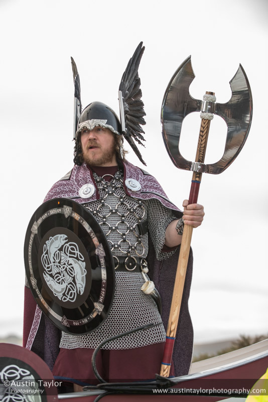 Scalloway Fire Festival 2014 - Guizer Jarl Kenny Grant as Guttorm (The Gruesome) Hart with his squad of Vikings and galley "Eiluj"