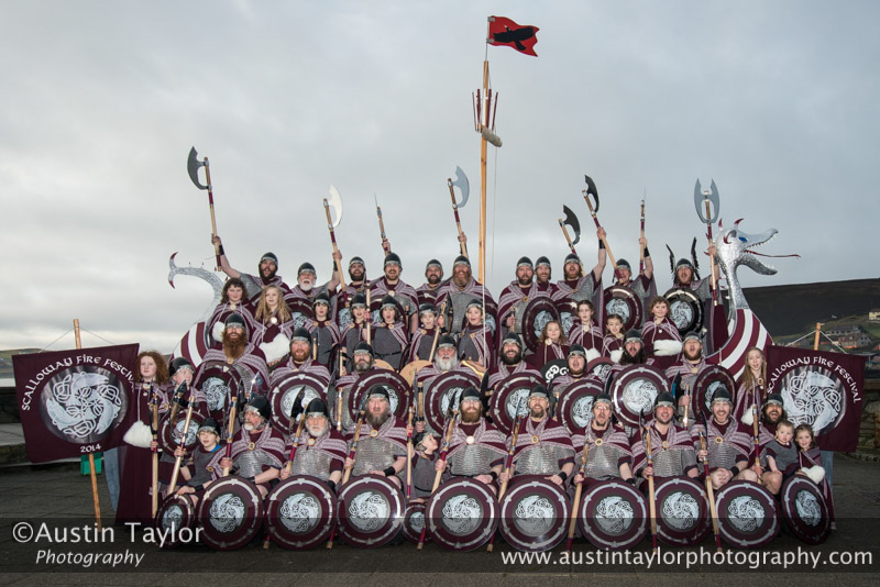 Scalloway Fire Festival 2014 - Guizer Jarl Kenny Grant as Guttorm (The Gruesome) Hart with his squad of Vikings and galley "Eiluj"