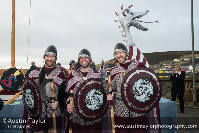 Scalloway Fire Festival 2014 - Guizer Jarl Kenny Grant as Guttorm (The Gruesome) Hart with his squad of Vikings and galley "Eiluj"
