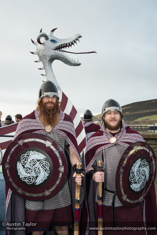 Scalloway Fire Festival 2014 - Guizer Jarl Kenny Grant as Guttorm (The Gruesome) Hart with his squad of Vikings and galley "Eiluj"