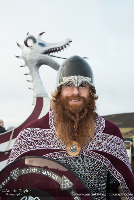 Scalloway Fire Festival 2014 - Guizer Jarl Kenny Grant as Guttorm (The Gruesome) Hart with his squad of Vikings and galley "Eiluj"