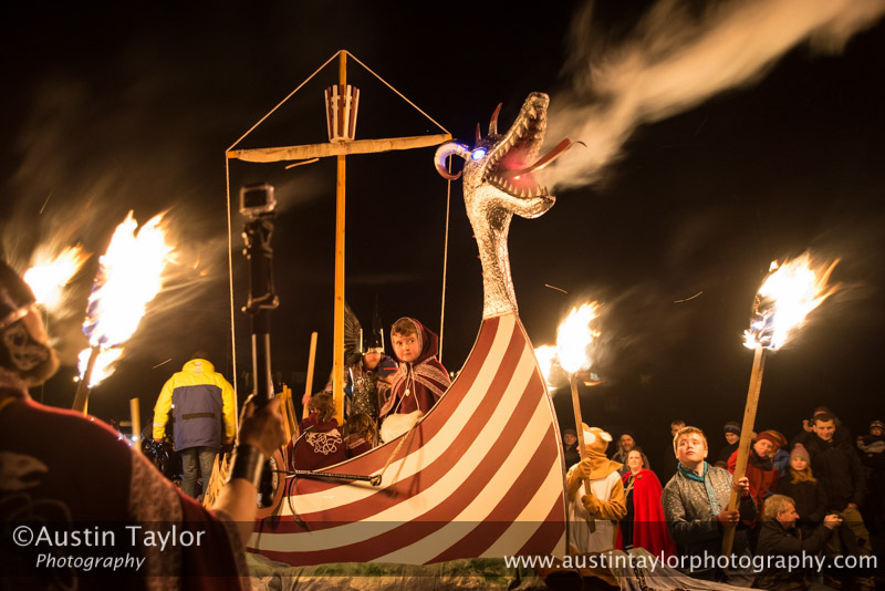 Scalloway Fire Festival 2014 - Guizer Jarl Kenny Grant as Guttorm (The Gruesome) Hart with his squad of Vikings and galley "Eiluj"