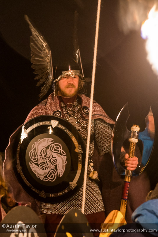 Scalloway Fire Festival 2014 - Guizer Jarl Kenny Grant as Guttorm (The Gruesome) Hart with his squad of Vikings and galley "Eiluj"