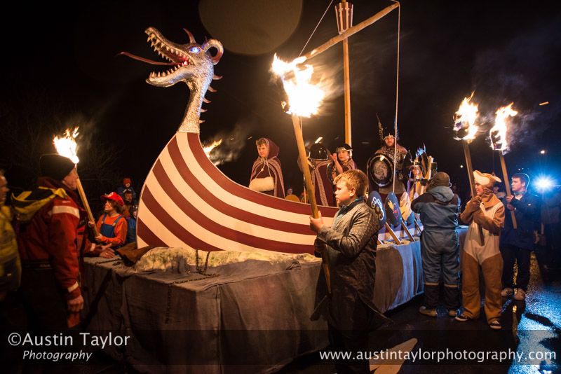 Scalloway Fire Festival 2014 - Guizer Jarl Kenny Grant as Guttorm (The Gruesome) Hart with his squad of Vikings and galley "Eiluj"