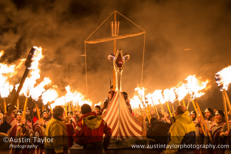 Scalloway Fire Festival 2014 - Guizer Jarl Kenny Grant as Guttorm (The Gruesome) Hart with his squad of Vikings and galley "Eiluj"