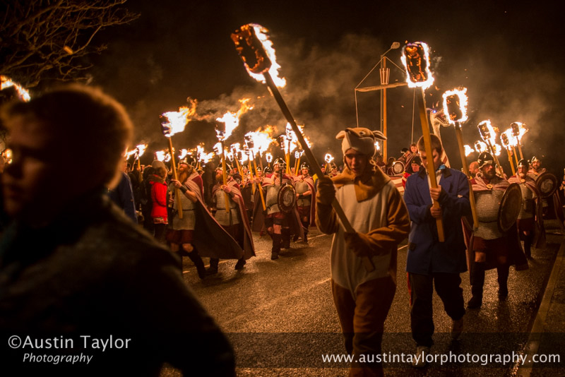 Scalloway Fire Festival 2014 - Guizer Jarl Kenny Grant as Guttorm (The Gruesome) Hart with his squad of Vikings and galley "Eiluj"