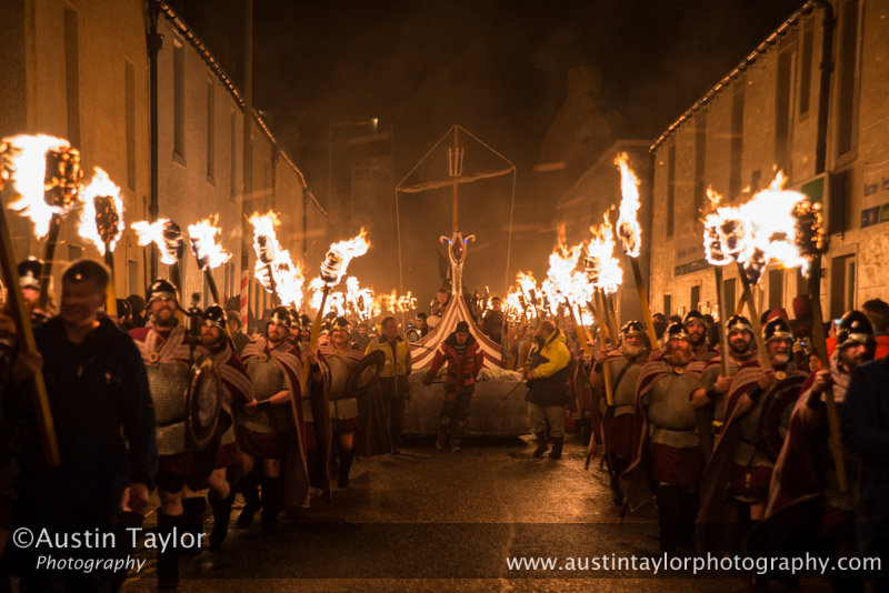 Scalloway Fire Festival 2014 - Guizer Jarl Kenny Grant as Guttorm (The Gruesome) Hart with his squad of Vikings and galley "Eiluj"