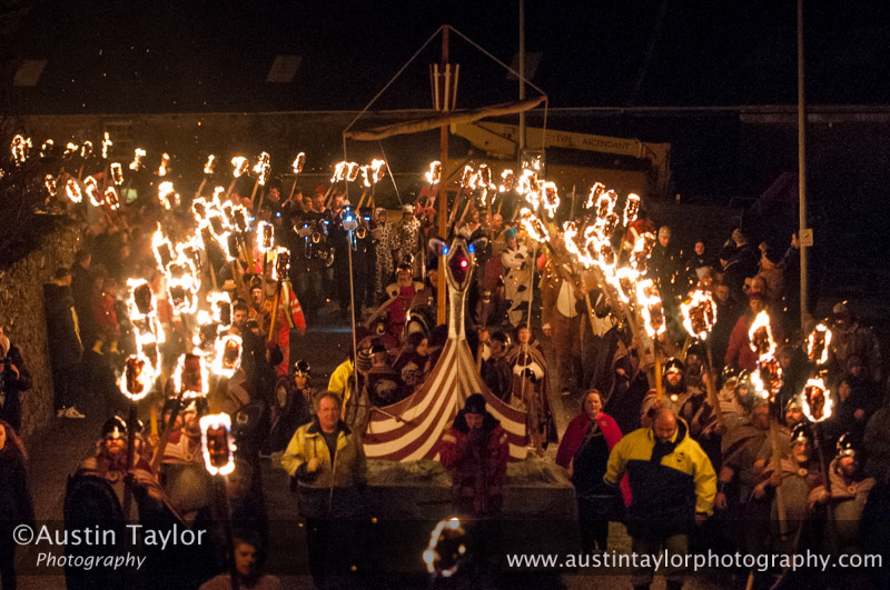 Scalloway Fire Festival 2014 - Guizer Jarl Kenny Grant as Guttorm (The Gruesome) Hart with his squad of Vikings and galley "Eiluj"