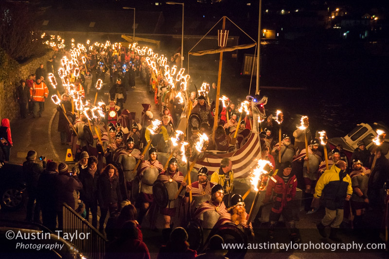 Scalloway Fire Festival 2014 - Guizer Jarl Kenny Grant as Guttorm (The Gruesome) Hart with his squad of Vikings and galley "Eiluj"