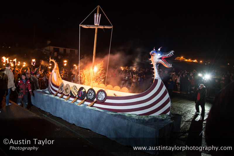 Scalloway Fire Festival 2014 - Guizer Jarl Kenny Grant as Guttorm (The Gruesome) Hart with his squad of Vikings and galley "Eiluj"
