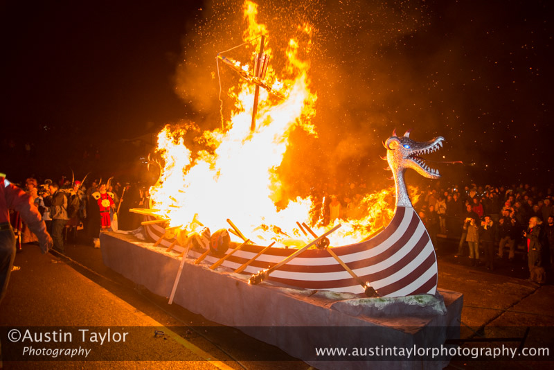 Scalloway Fire Festival 2014 - Guizer Jarl Kenny Grant as Guttorm (The Gruesome) Hart with his squad of Vikings and galley "Eiluj"