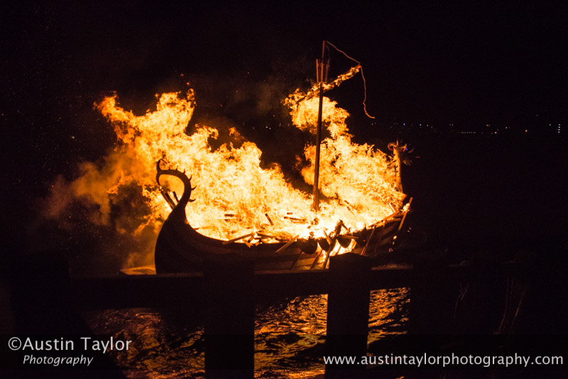 Scalloway Fire Festival 2014 - Guizer Jarl Kenny Grant as Guttorm (The Gruesome) Hart with his squad of Vikings and galley "Eiluj"
