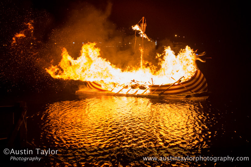 Scalloway Fire Festival 2014 - Guizer Jarl Kenny Grant as Guttorm (The Gruesome) Hart with his squad of Vikings and galley "Eiluj"