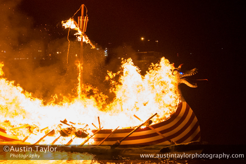 Scalloway Fire Festival 2014 - Guizer Jarl Kenny Grant as Guttorm (The Gruesome) Hart with his squad of Vikings and galley "Eiluj"