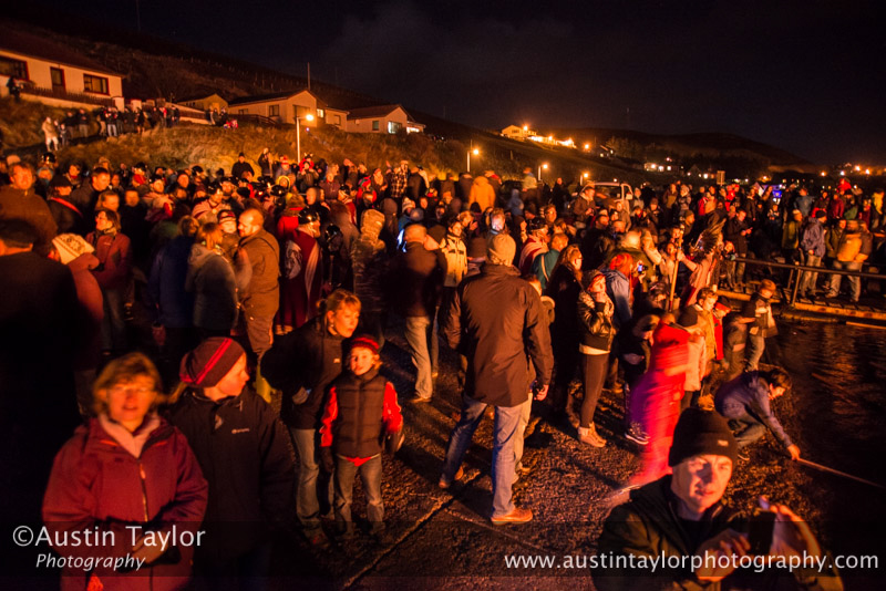 Scalloway Fire Festival 2014 - Guizer Jarl Kenny Grant as Guttorm (The Gruesome) Hart with his squad of Vikings and galley "Eiluj"