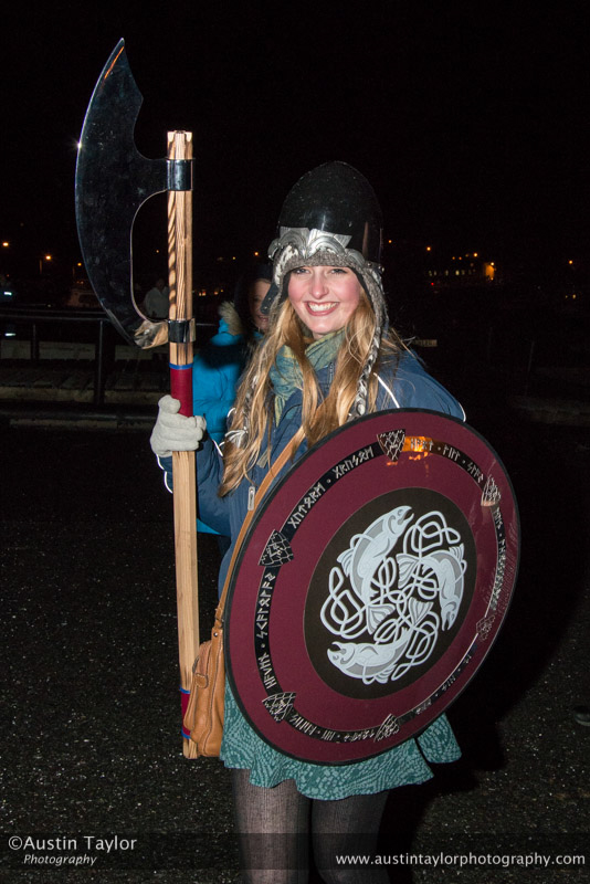 Scalloway Fire Festival 2014 - Guizer Jarl Kenny Grant as Guttorm (The Gruesome) Hart with his squad of Vikings and galley "Eiluj"