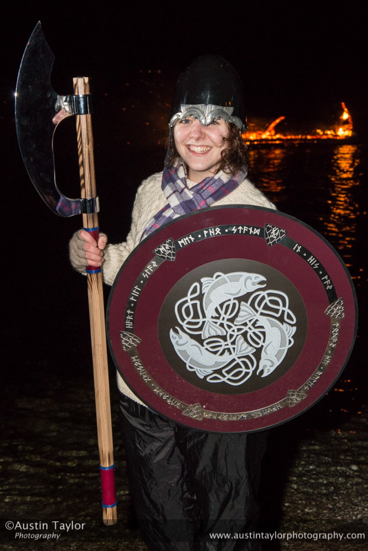 Scalloway Fire Festival 2014 - Guizer Jarl Kenny Grant as Guttorm (The Gruesome) Hart with his squad of Vikings and galley "Eiluj"