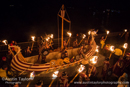 Scalloway Fire Festival 2014 - Guizer Jarl Kenny Grant as Guttorm (The Gruesome) Hart with his squad of Vikings and galley "Eiluj"