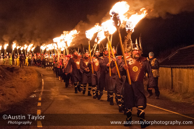 The Jarl Squad lead off the torchlight procession at Uyeasound Up Helly-Aa 2014