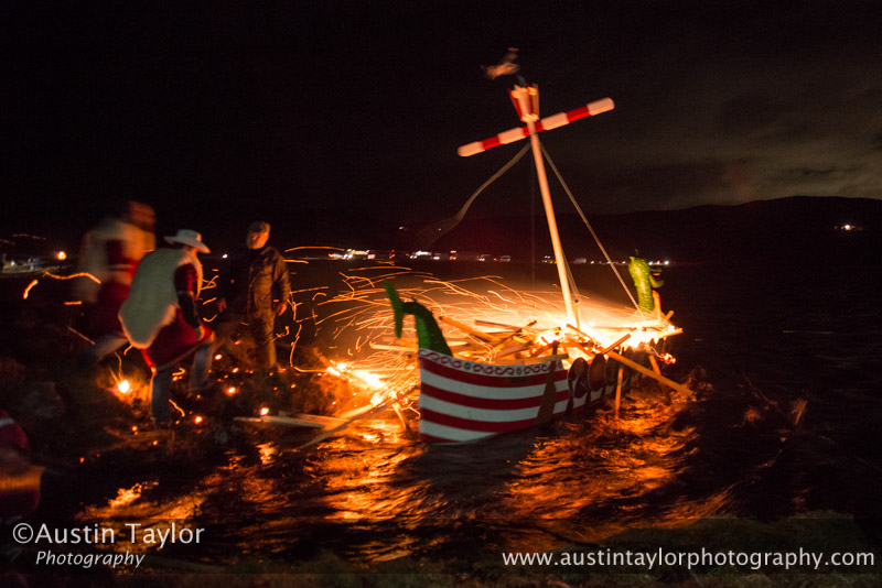 The Galley Haja is set alight and set sail on Ura Firth - Northmavine Up Helly-Aa 2014