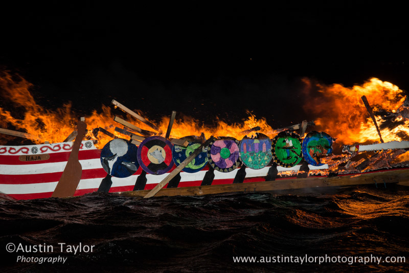 The Galley Haja alight on Ura Firth - Northmavine Up Helly-Aa 2014