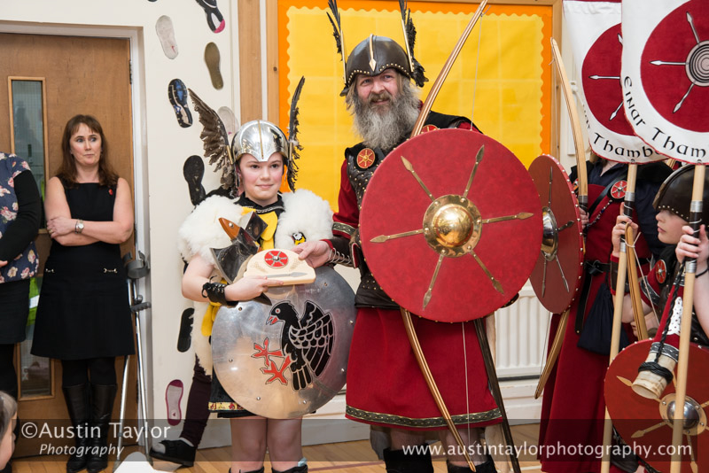 Guizer Jarl Keith Lobban and his squad at Dunrossness Primary School - South Mainland Up Helly-Aa 2014