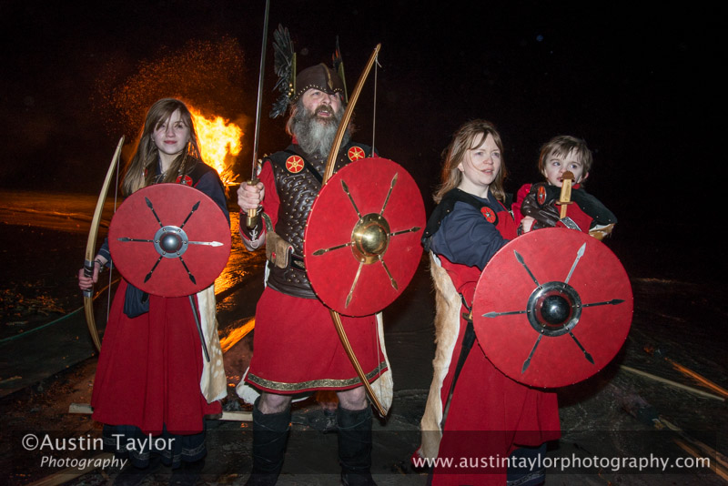 Karen Lobban (13, Keith's daughter), Guizer Jarl Keith Lobban, Tracey Lobban and Tom Lobban - South Mainland Up Helly-Aa 2014