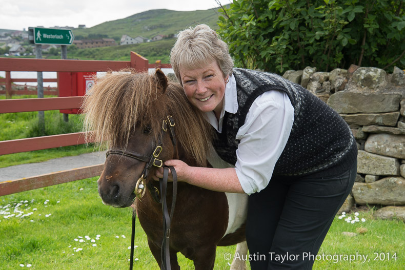 Mari Williamson with Socks the world famous Shetland pony at the Shetland Classic Motor Show 2014