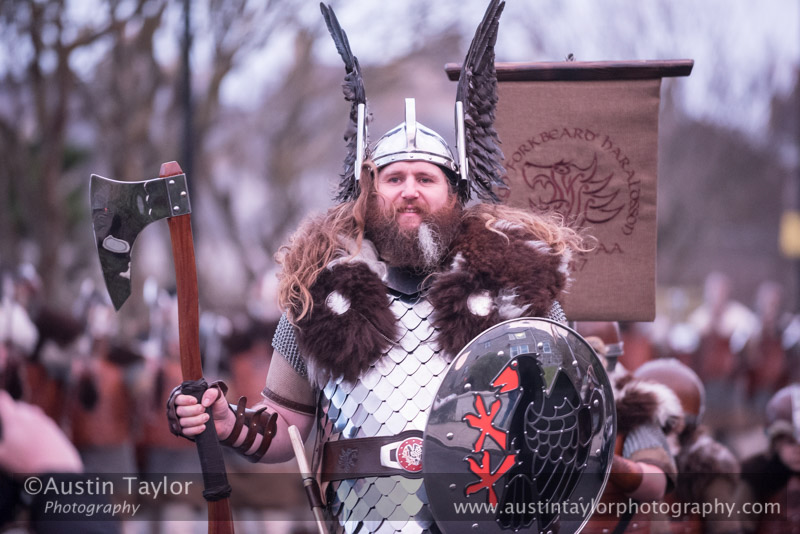 Up Helly-Aa 2017 - Guizer Jarl Lyall Gair as "Sweyn 'Forkbeard' Haraldsson" with his Galley "Falcon" 31 Jan in Lerwick, Shetland