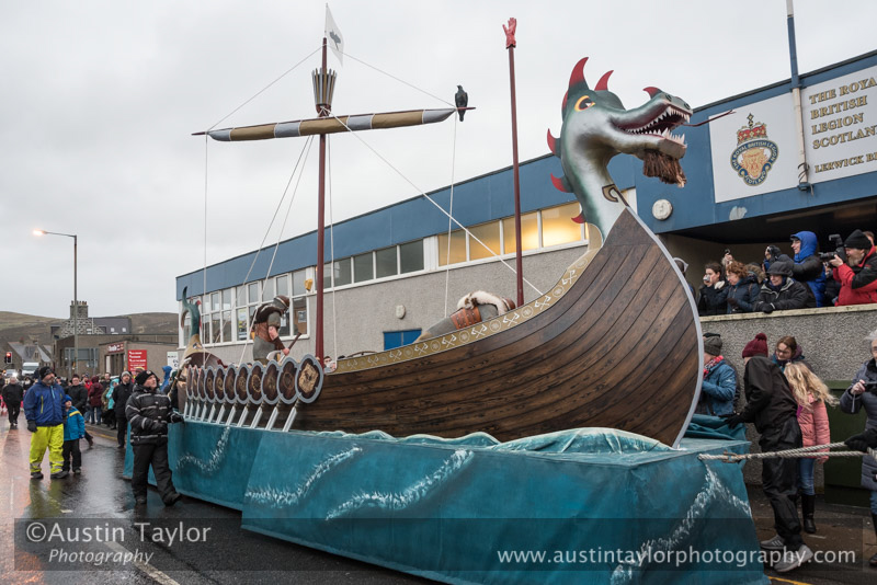 Up Helly-Aa 2017 - Guizer Jarl Lyall Gair as "Sweyn 'Forkbeard' Haraldsson" with his Galley "Falcon" 31 Jan in Lerwick, Shetland