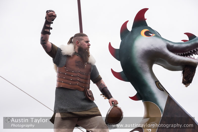Up Helly-Aa 2017 - Guizer Jarl Lyall Gair as "Sweyn 'Forkbeard' Haraldsson" with his Galley "Falcon" 31 Jan in Lerwick, Shetland