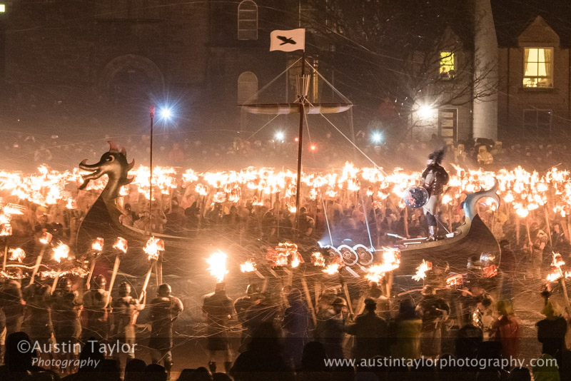 for Up Helly-Aa 2017 - Guizer Jarl Lyall Gair as "Sweyn 'Forkbeard' Haraldsson" with his Galley "Falcon" 31 Jan in Lerwick, Shetland