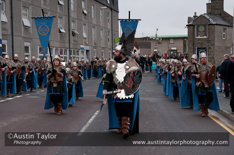 Up Helly-Aa 2011: morning procession - Jarl John Hunter as Johan Sanderrevet of Valsgärde, Sweden, leads his guizers along Commercial Road