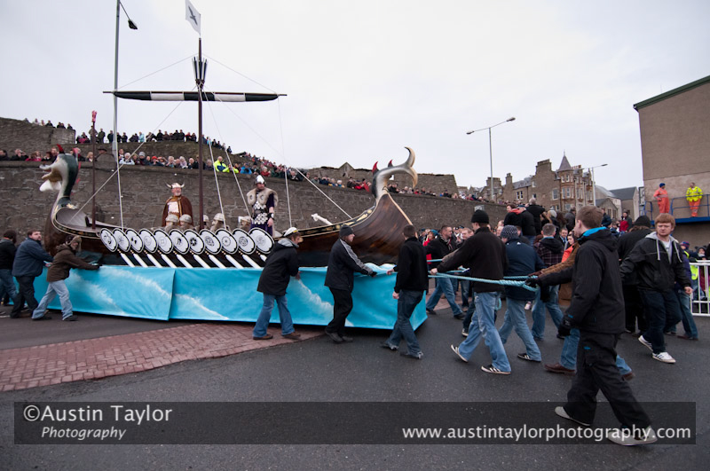Up Helly-Aa 2011: morning procession - galley Jägare being positioned at Alexandra Wharf