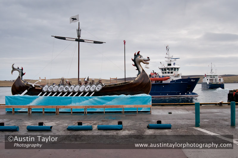 Up Helly-Aa 2011: morning procession - waiting for the arrival of the Jarl Squad at Alexandra Wharf - Skerries ferry Filla takes a look at the galley, Bressay ferry Leirna in the background