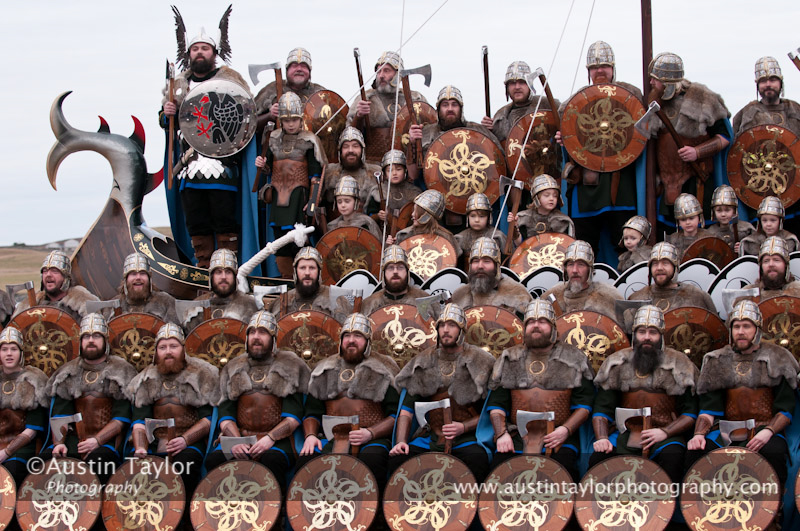 Up Helly-Aa 2011: morning procession - the Jarl Sqaud with the galley Jägare at Alexandra Wharf