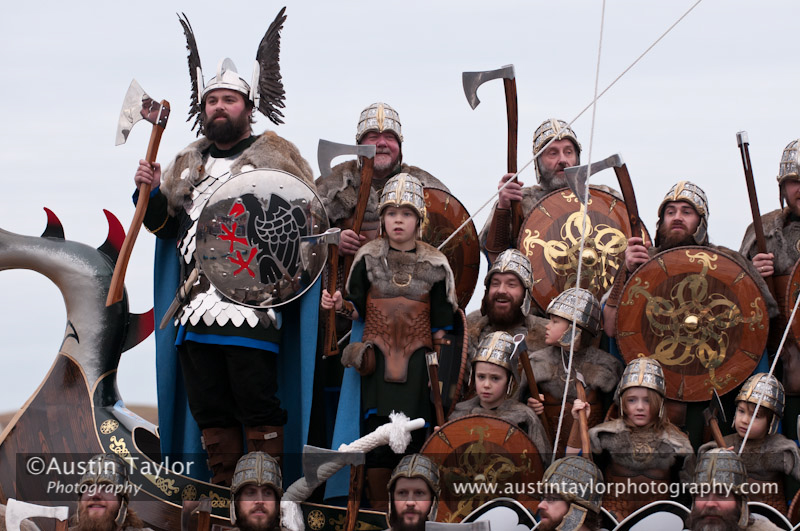 Up Helly-Aa 2011: morning procession - the Jarl Sqaud with the galley Jägare at Alexandra Wharf