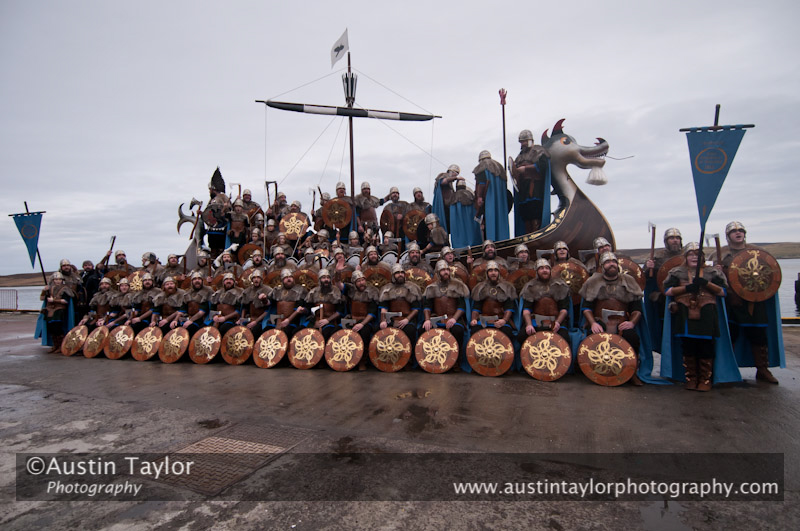 Up Helly-Aa 2011: morning procession - the Jarl Sqaud with the galley Jägare at Alexandra Wharf