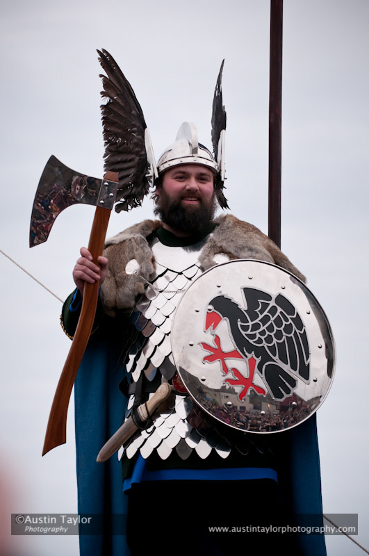 Up Helly-Aa 2011: morning procession - Jarl Hunter as Johan Sanderrevet of Valsgärde, Sweden, aboard his galley Jägare at Alexandra Wharf