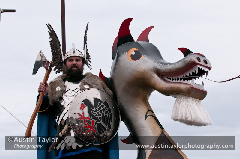 Up Helly-Aa 2011: morning procession - Jarl Hunter as Johan Sanderrevet of Valsgärde, Sweden, aboard his galley Jägare at Alexandra Wharf
