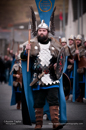 Up Helly-Aa 2011: morning procession - Jarl John Hunter as Johan Sanderrevet of Valsgärde, Sweden, leads his guizers along Commercial Road